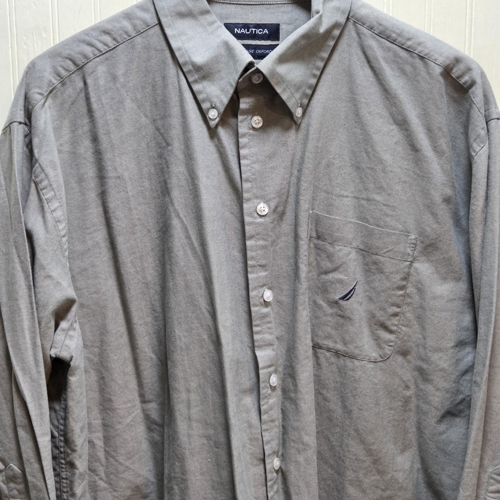 Nautica Shirt Mens XL Gray Solid Long Sleeve Button Down Vintage Oxford Casual